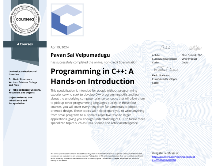 Programming in C++ Certificate