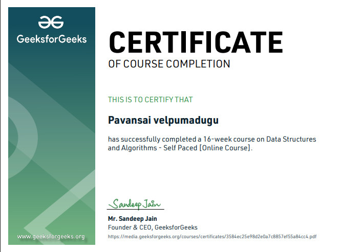 Data Structures and Algorithms Certificate