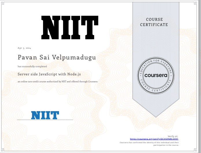 Server side JavaScript with Node.js Certificate